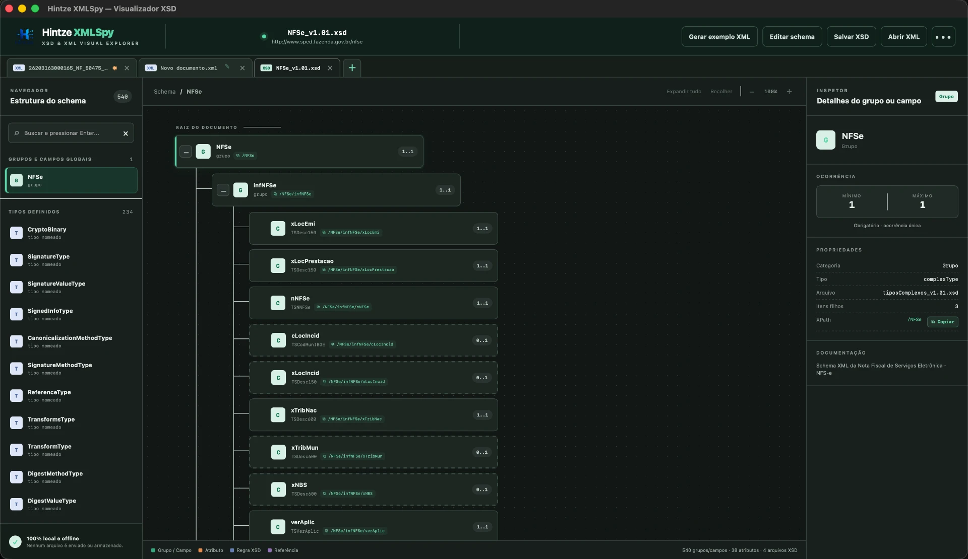 Hintze XMLSpy exibindo o diagrama gráfico de um schema XSD no macOS
